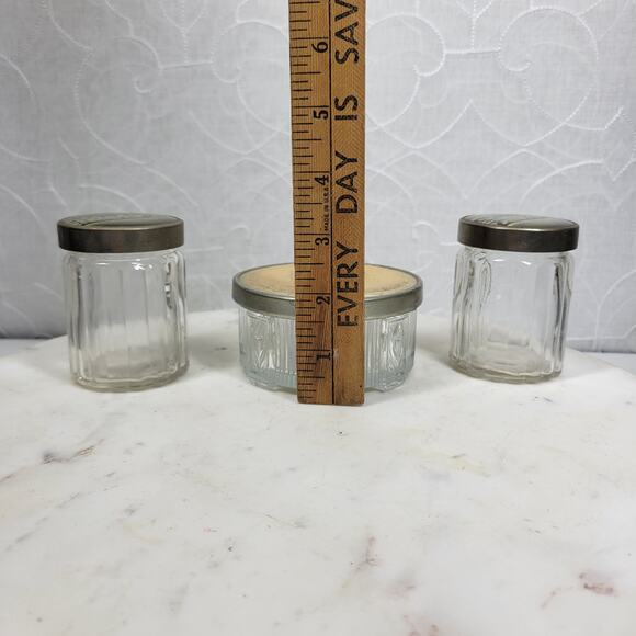 Vintage Glass Vanity Jar Set Cameo Lid & Art Deco Floral Inlay Metal Tops – 3 Pc - Picture 16 of 16